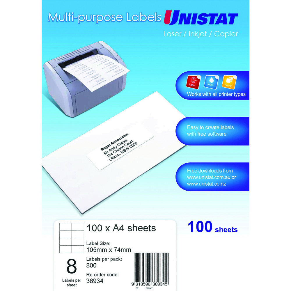 Unistat Labels  8Up 105x74mm 100 Shts / Box Laser/Inkjet/Copier